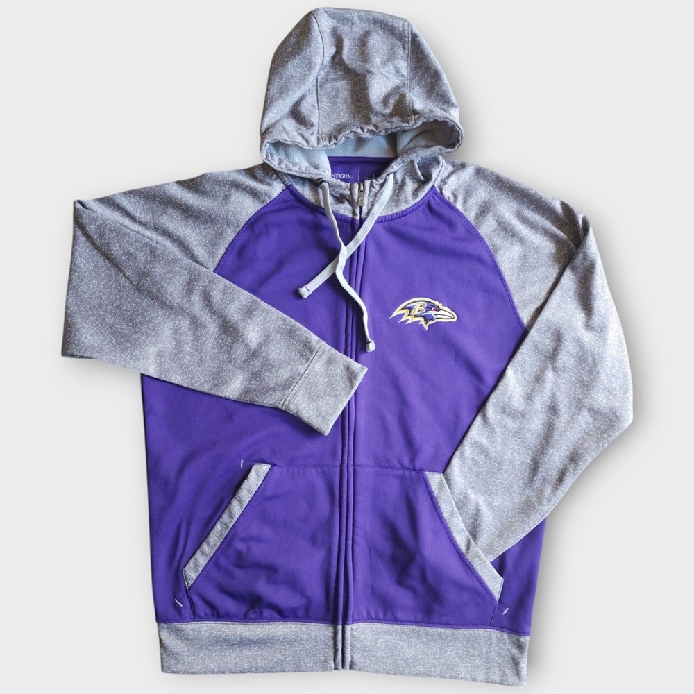 Baltimore Ravens Full Zip Hoodie Men's L Antigua NFL Purple Gray Fleece